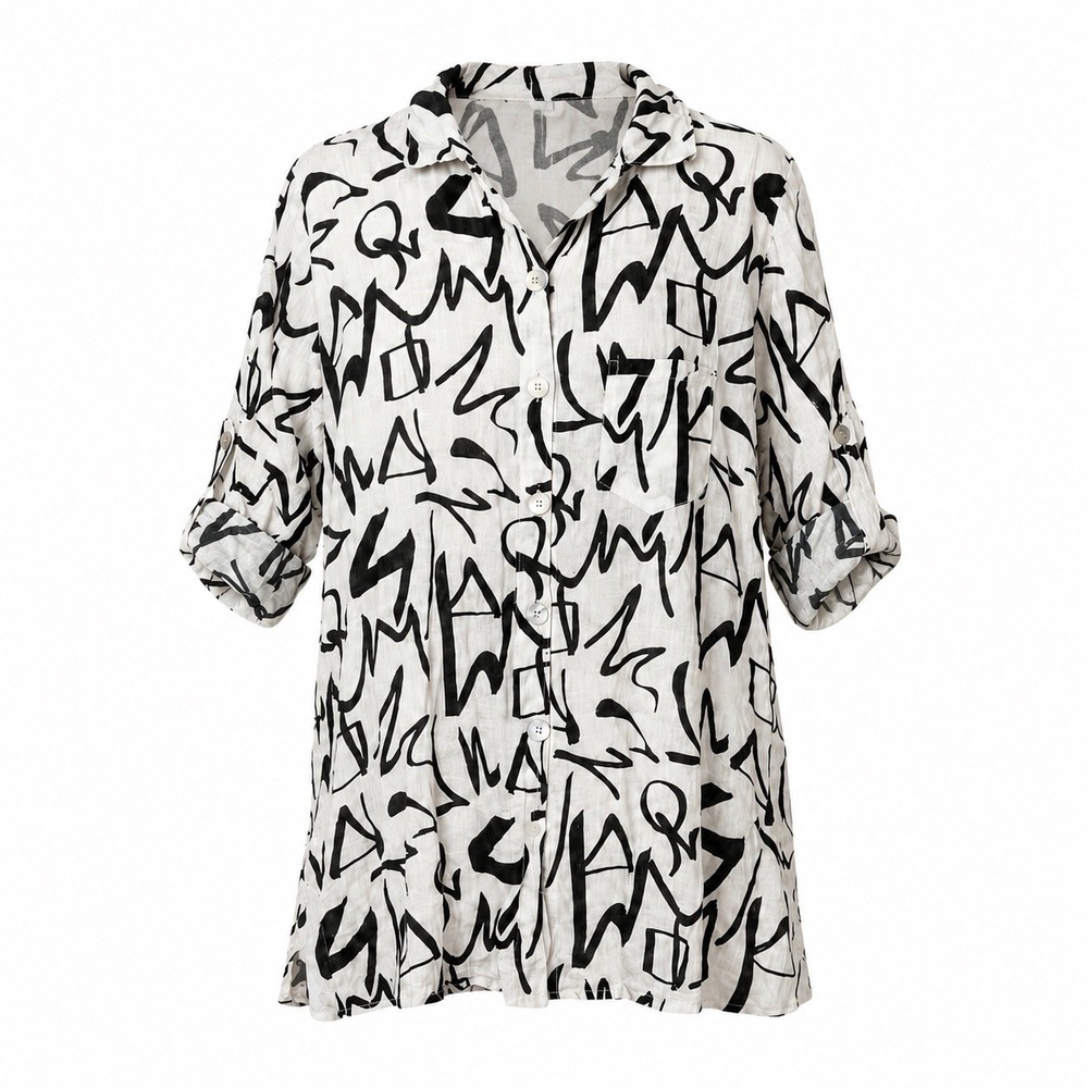 T by Transparente White Black Linen Shirt Tunic Lagenlook Made in Italy Size 3